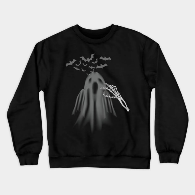 Halloween Black Tee, Ghost with Skeleton , Bats in the Background Crewneck Sweatshirt by PodX Designs 